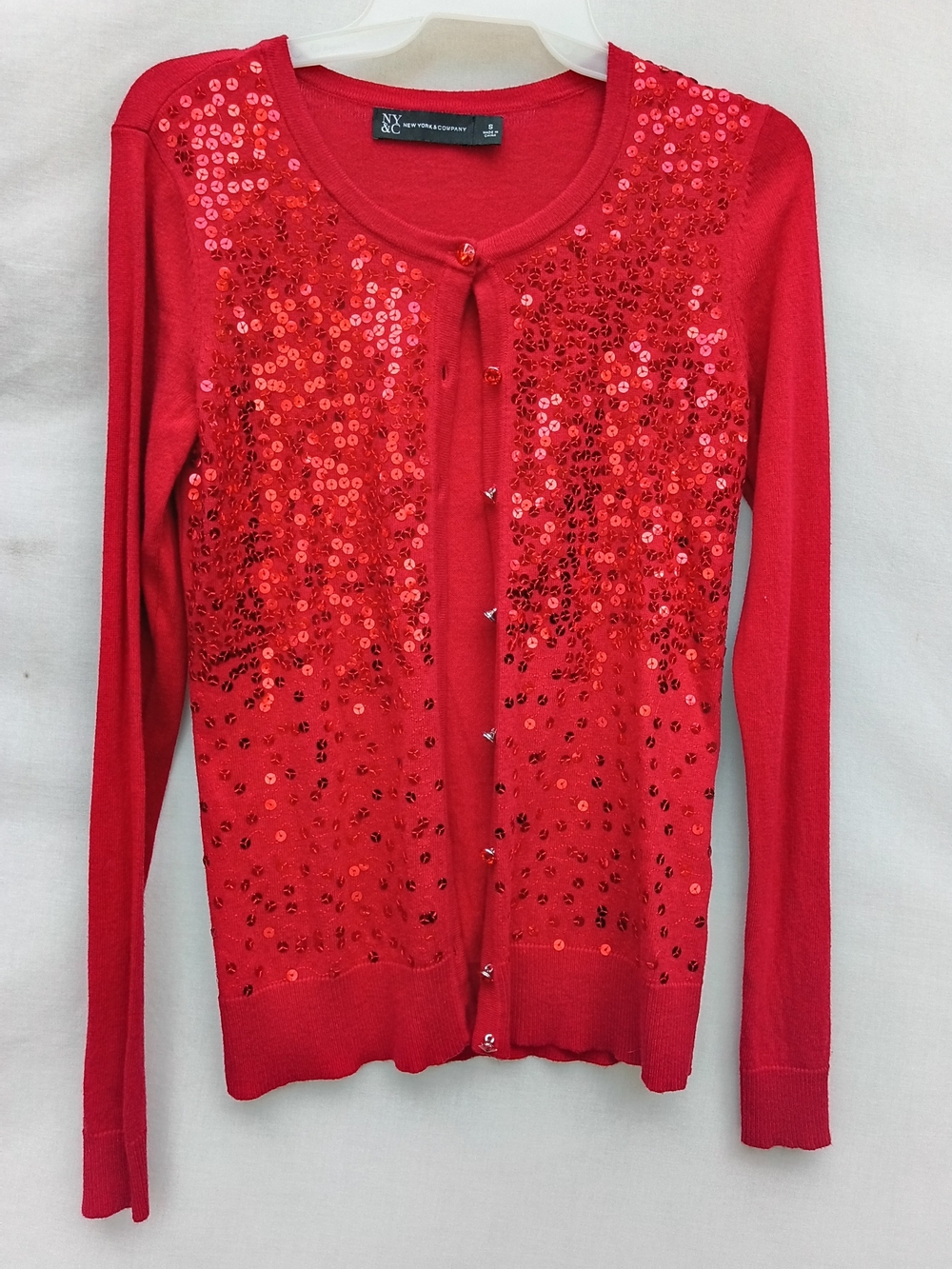 NY & Co. Red Sequin Jeweled Button Cardigan Holiday Festive Y2K Size Small